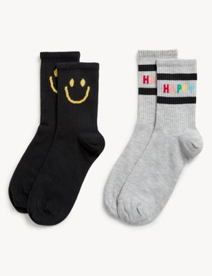 Pack de 2 pares de calcetines tobilleros de algodón 'Happy' - US