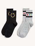 Pack de 2 pares de calcetines tobilleros de algodón 'Happy'