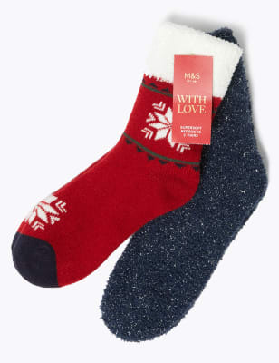 Lot de 2&nbsp;paires de chaussettes de lit &agrave; imprim&eacute; flocons de neige