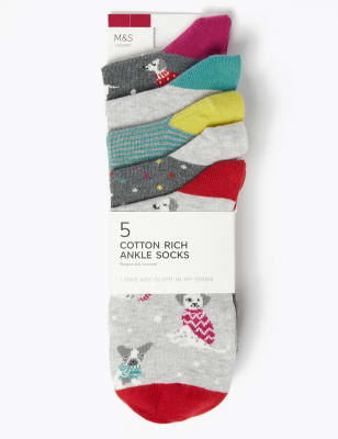 5 Pack Cotton Rich Dog Ankle Socks