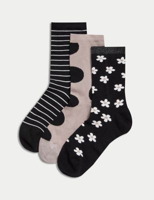 M&S Women's 3pk Sumptuously Soft Ankle High Socks - 6-8 - Black Mix, Black Mix