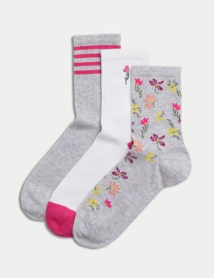 M&S Womens 3pk Cotton Blend Floral Ankle High Socks - 6-8 - Grey Mix, Grey Mix