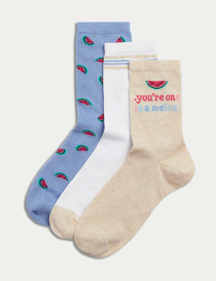 3pk Cotton Blend Watermelon Ankle High Socks | M&S Collection | M&S