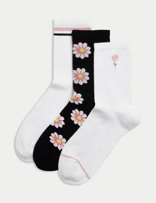 M&S Womens 3pk Cotton Rich Daisy Ankle High Socks - 3-5 - White, White