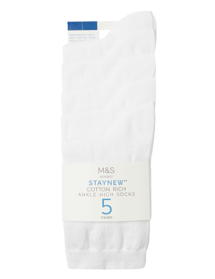 

Womens M&S Collection 5pk Cotton Rich Ankle High Socks - White, White