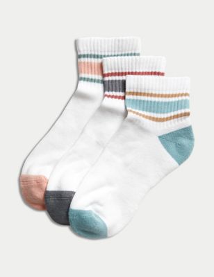 Goodmove Women's 3pk Cotton Rich Striped Ankle High Socks - 3-5 - White Mix, White Mix