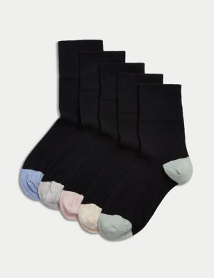 M&S Womens 5pk Cotton Rich Soft Top Ankle High Socks - 3-5 - Black Mix, Black Mix,White,Navy