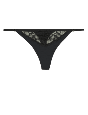 M&S Womens Embrace Embroidered Thong - 6 - Black, Black,Opaline Mix