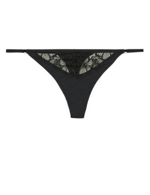 M&S Womens Embrace Embroidered Thong - 6 - Black, Black,Opaline Mix