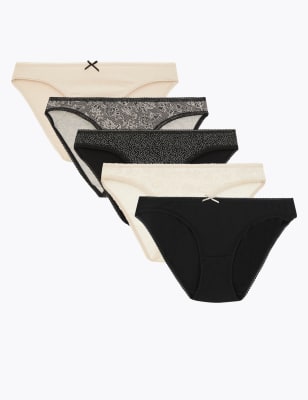 Lot de 5&nbsp;culottes bikini orn&eacute;es de dentelle avec imprim&eacute;