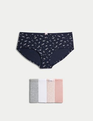 M&S Women's 5pk Cotton Lycra Daisy Print Low Rise Shorts - 8 - Soft Pink, Soft Pink