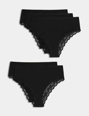 M&S Womens 5pk Cotton & Lace High Waisted Brazilian Knickers - 16 - Black, Black