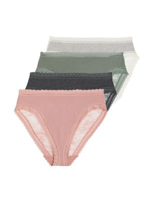 M&S Womens 4pk Modal & Lace High Waisted High Leg Knickers - 8 - Antique Rose, Antique Rose