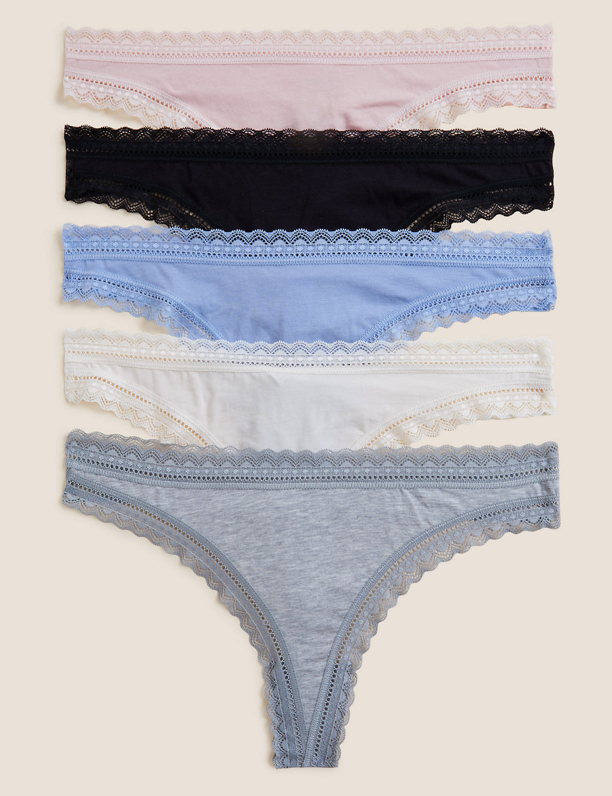 5pk Cotton Modal Blend & Lace Thongs