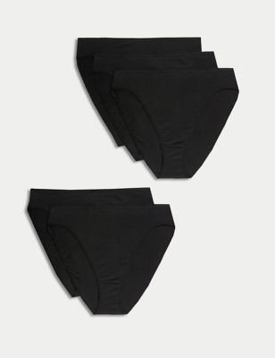 M&S Womens 5pk Cotton Modal High Waisted High Leg Knickers - 6 - Black, Black