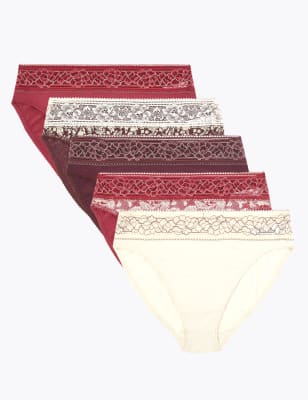 5 Pack Lace Paisley Print High Leg Knickers