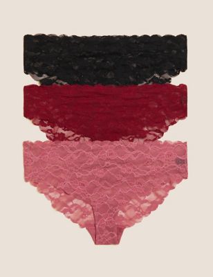Marks And Spencer Womens M&S Collection 3pk Free Cut Lace Brazilian Knickers - Dark Raspberry, Dark Raspberry