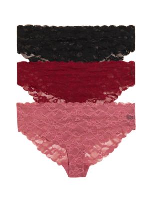 M&S Womens 3pk Free Cut Lace Brazilian Knickers - 6 - Dark Raspberry, Dark Raspberry,Black,Blue Mix