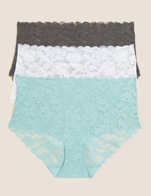 Marks And Spencer Womens M&S Collection 3pk Freecut Lace High Rise Knicker Shorts - Sea Green, Sea Green