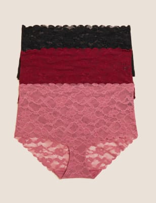 Marks And Spencer Womens M&S Collection 3pk Freecut Lace High Rise Knicker Shorts - Dark Raspberry, Dark Raspberry