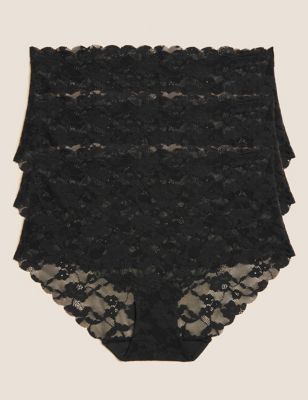 Marks And Spencer Womens M&S Collection 3pk Freecut Lace High Rise Knicker Shorts - Black