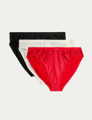 

Womens M&S Collection 3er-Pack Slips mit hoch ausgeschnittenem Bein und Wildblumenmuster - Scarlet, Scarlet