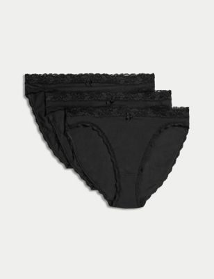 Marks And Spencer Womens M&S Collection 3pk Cotton Rich & Lace High Leg Knickers - Black, Black