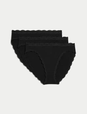 M&S Womens 3pk Cotton Rich & Lace High Leg Knickers - 16 - Black, Black,White