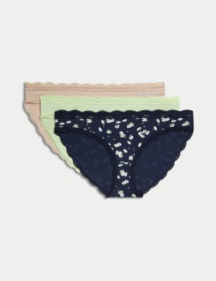 M&S Womens 3pk Cotton Rich Printed Bikini Knickers - 8 - Blue Mix, Blue Mix