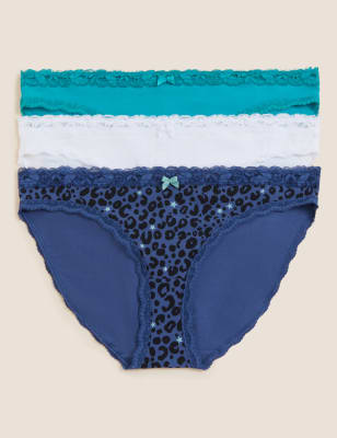 Marks And Spencer Womens M&S Collection 3pk Cotton Rich Printed Bikini Knickers - Dark Blue Mix, Dark Blue Mix