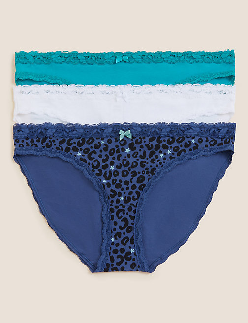 Marks And Spencer Womens M&S Collection 3pk Cotton Rich Printed Bikini Knickers - Dark Blue Mix, Dark Blue Mix