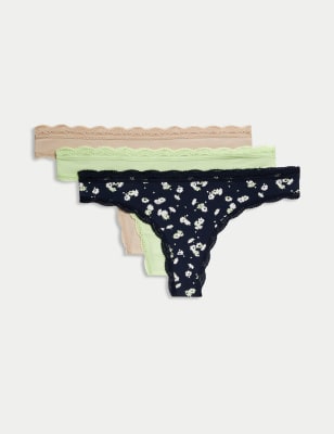 M&S Women's 3pk Cotton Blend Thongs - 8 - Blue Mix, Blue Mix