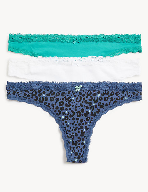Marks And Spencer Womens M&S Collection 3pk Cotton Blend Thongs - Dark Blue Mix, Dark Blue Mix