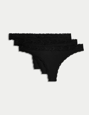 M&S Womens 3pk Cotton Blend Thongs - 8 - Black, Black,Soft Pink