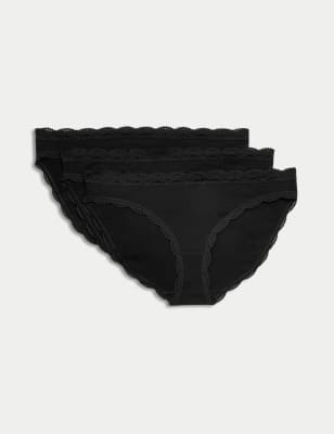 M&S Womens 3pk Cotton Rich & Lace Bikini Knickers - 8 - Black, Black,Soft Pink