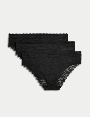M&S Womens 3pk Flexifit Lace Brazilian Knickers - 22 - Black, Black,Winter Turq,White