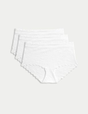 M&S Womens 3pk Flexifittm Lace High Rise Shorts - 6 - White, White,Black,Winter Turq,Bright Indigo
