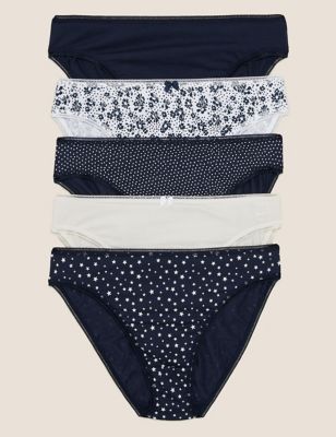 Marks And Spencer Womens M&S Collection 5pk Cotton Lycra® Ditsy Print High Leg Knickers - Navy Mix, Navy Mix