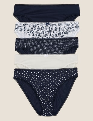 

Womens M&S Collection 5er-Pack hoch ausgeschnittene Slips aus Baumwolle und Lycra® mit kleinem Muster - Navy Mix, Navy Mix