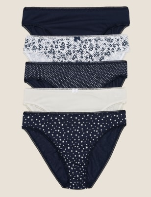 Marks And Spencer Womens M&S Collection 5pk Cotton Lycra® Ditsy Print High Leg Knickers - Navy Mix, Navy Mix