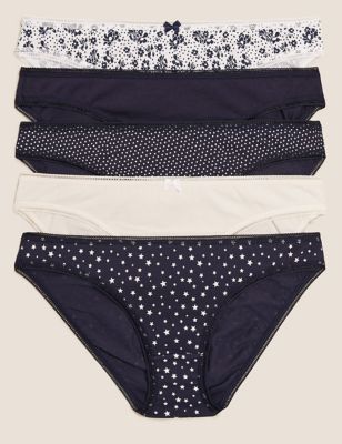 Marks And Spencer Womens M&S Collection 5pk Cotton Lycra® Printed Bikini Knickers - Navy Mix, Navy Mix