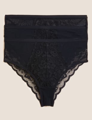 

Womens M&S Collection 3pk Lace High Waisted Brazilian Knickers - Black, Black
