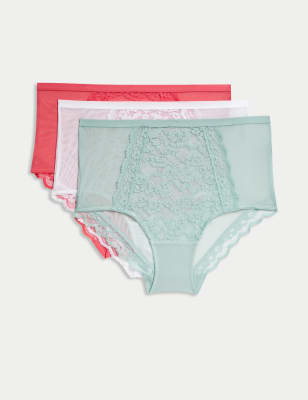 M&S Women's 3pk Lace Full Briefs - 8 - Aqua Mix, Aqua Mix,Black,White