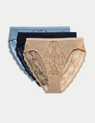 

Womens M&S Collection 3er-Pack hoch geschnittene Slips mit hoch ausgeschnittenem Bein und Spitze - Blue Mix, Blue Mix