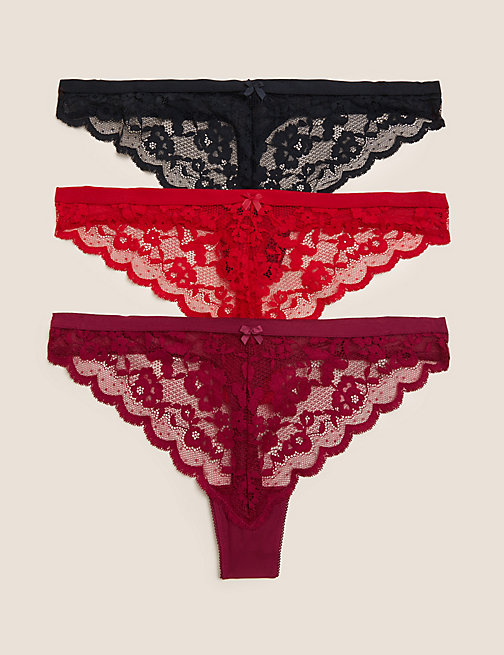 Marks And Spencer Womens M&S Collection 3pk All Over Lace Thongs - Redcurrant, Redcurrant