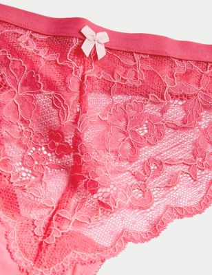 M&S Womens 3pk All Over Lace Thongs - 8 - Hot Pink, Hot Pink,Antique Green,Black