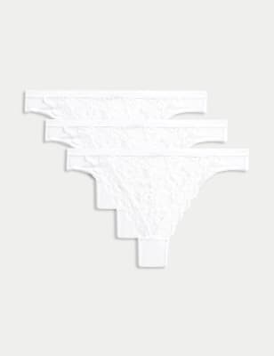 M&S Womens 3pk Lace Thongs - 24 - White, White,Black,Blue,Aqua Mix