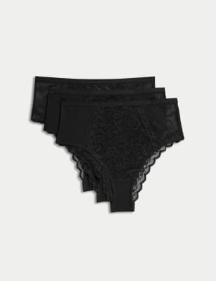 M&S Womens 3pk Lace High Waisted Brazilian - 18 - Black, Black