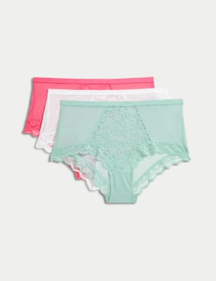 M&S Women's 3pk Lace High Rise Short - 6 - Aqua Mix, Aqua Mix,White,Black