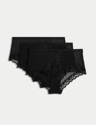 

Womens M&S Collection 3er-Pack hoch geschnittene Slips aus Mesh mit Spitze - Black, Black